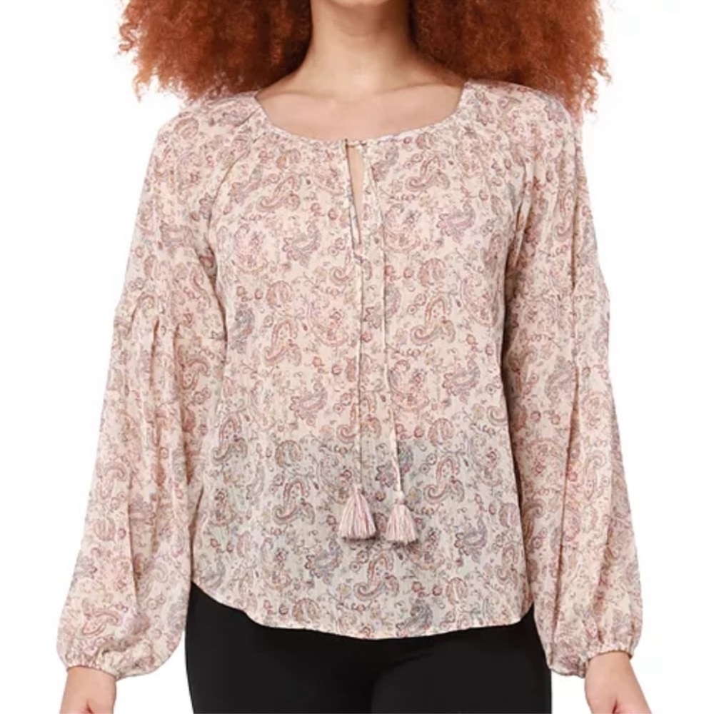 Black Tape Paisley Print Blouse with Tassels, S